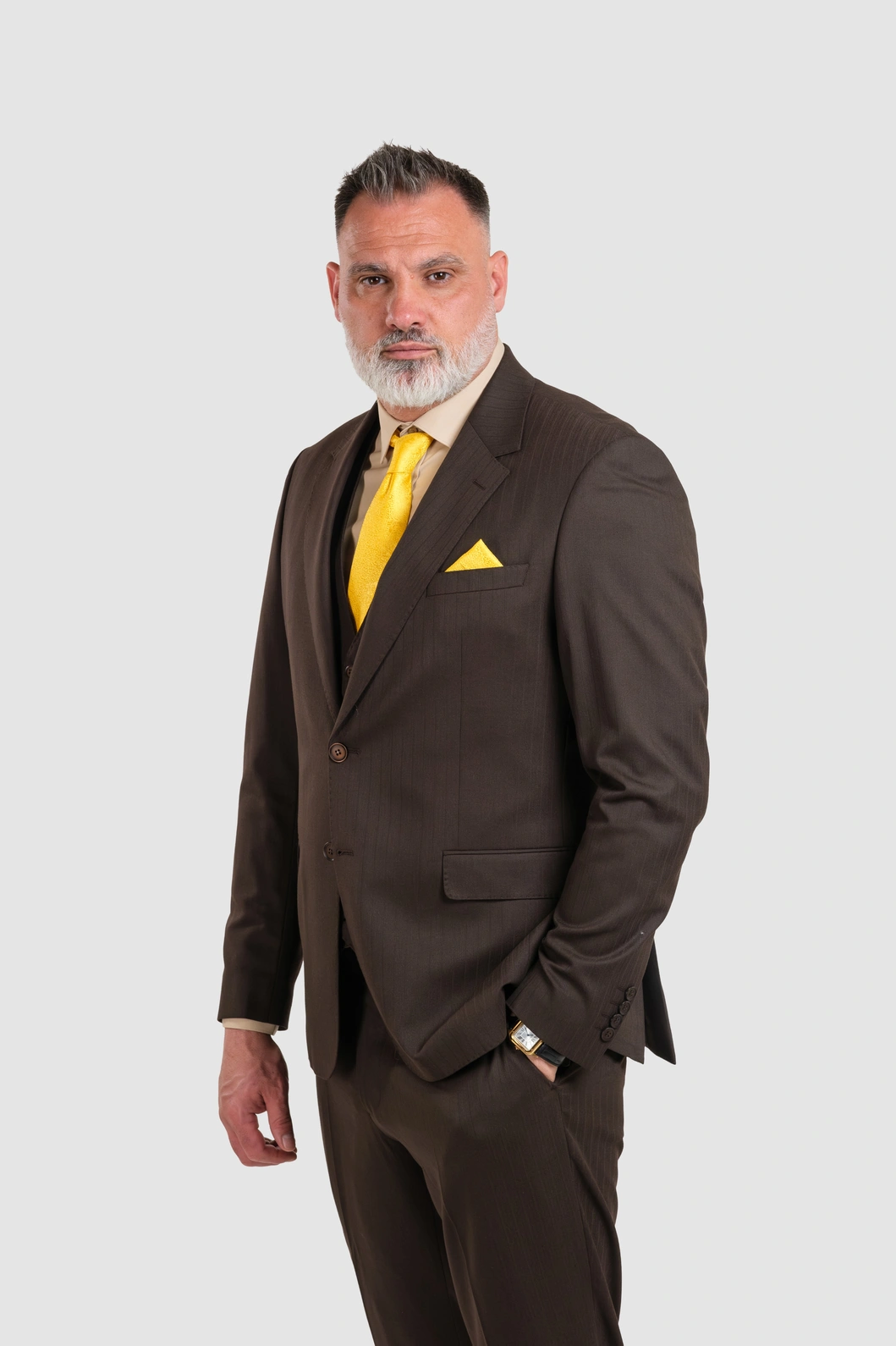 Braon Muško Odelo Suptilne Pruge  - Merino Vuna & Svila