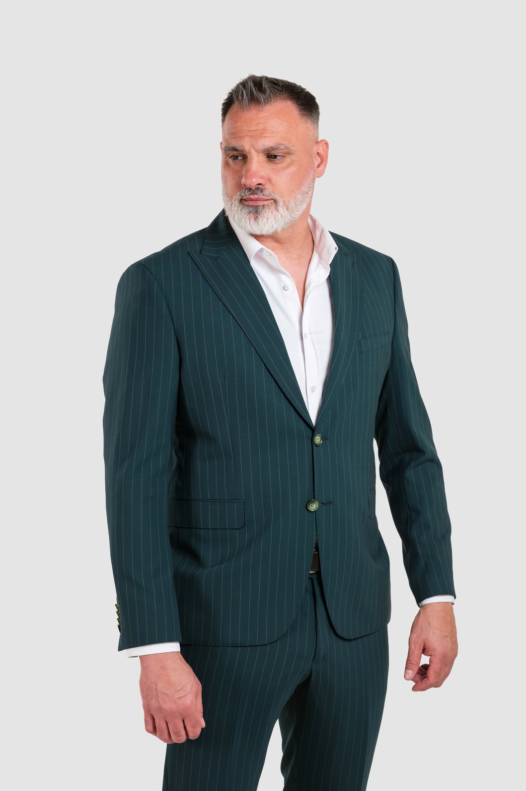 Smaragdno Zeleno Dvodelno Muško Odelo Na Pruge  - Merino Vuna & Svila